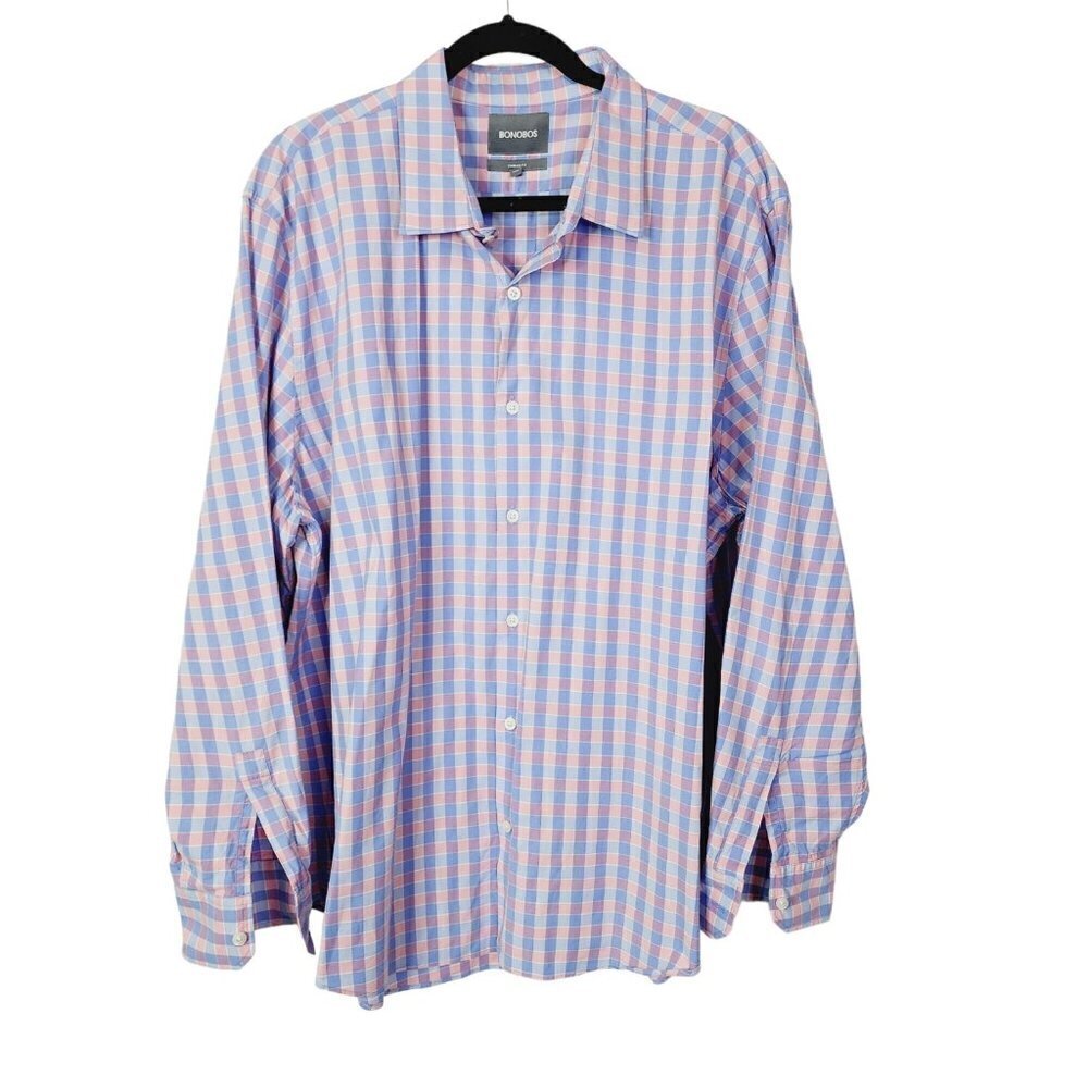 Bonobos men's XXL Pink Blue Plaid Standard Fit Long Sleeve Button Up Dress Shirt